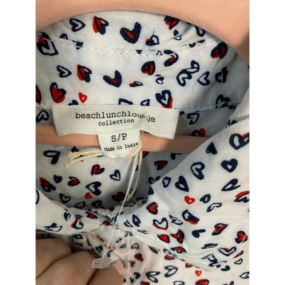 Beach Lunch Lounge White Multicolor Heart Print Button Down Dress Blouse Small - Picture 4 of 8